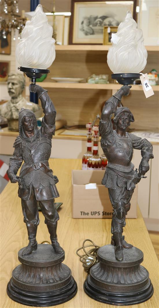 A pair of 19th century French cast spelter lamps formed on figures of knights